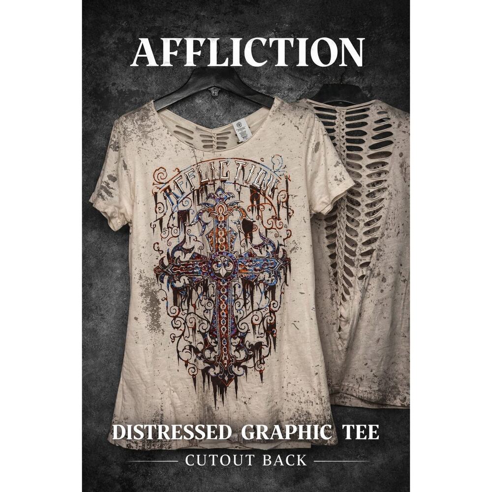 Affliction Live Fast Distressed Cross Tee Cutout Back Size M
